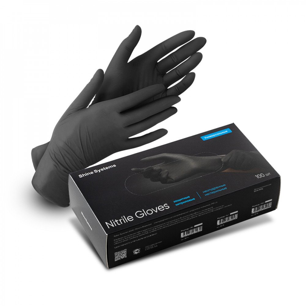 Nitrile Gloves Черные защитные универсальные нитриловые перчатки Shine Systems, картинка 1